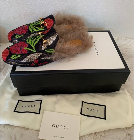 New Gucci Princetown fur Tapestry Brocade Fur Floral slippers flats - Picture 10 of 11